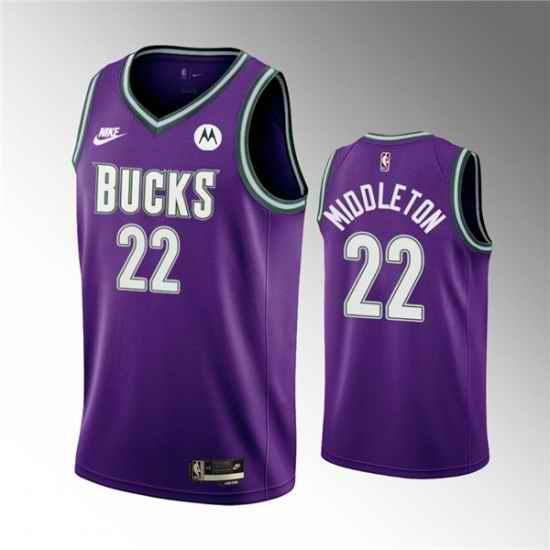 Men Milwaukee Bucks #22 Khris Middleton 2022 23 Purple Classic Edition Swingman Stitched Basketball Jersey->milwaukee bucks->NBA Jersey