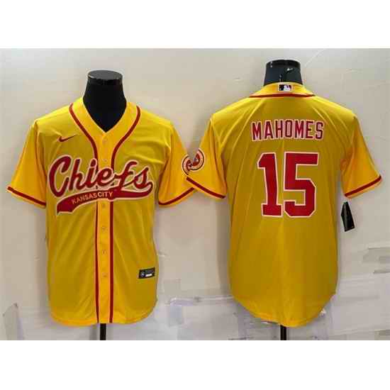 Men Kansas City Chiefs #15 Patrick Mahomes Gold With Patch Cool Base Stitched Baseball Jersey