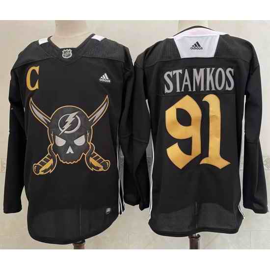 Men's Tampa Bay Lightning #91 Steven Stamkos Black Pirate Themed Warmup Authentic Jersey->tampa bay lightning->NHL Jersey