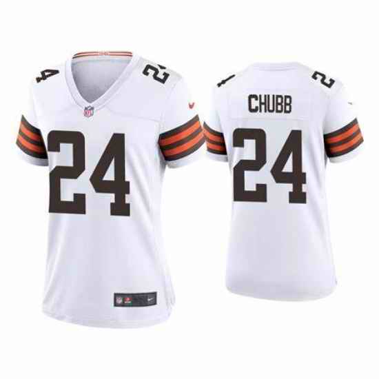 Women Cleveland Browns #24 Nick Chubb White Stitched Jerseys->women nfl jersey->Women Jersey