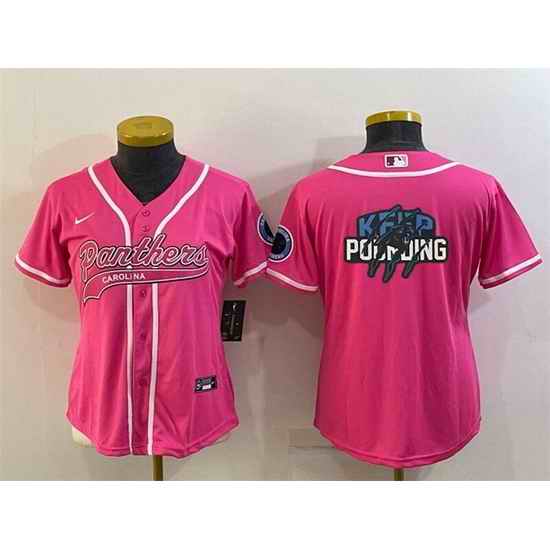 Women Carolina Panthers Pink Team Big Logo With Patch Cool Base Stitched Baseball Jersey->women nfl jersey->Women Jersey