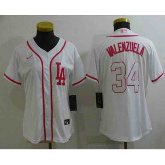 Women's Los Angeles Dodgers #34 Fernando Valenzuela Pink White Stitched Baseball Jersey->women mlb jersey->Women Jersey
