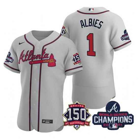 Men's Grey Atlanta Braves #1 Ozzie Albies 2021 World Series Champions With 150th Anniversary Flex Base Stitched Jersey->2021 world series->MLB Jersey