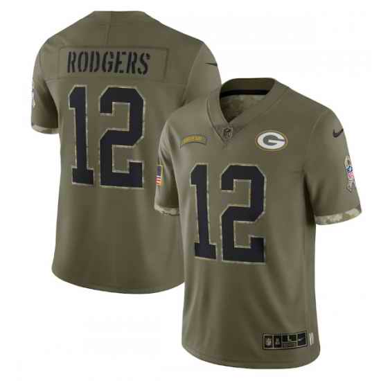 Men Green Bay Packers #12 Aaron Rodgers Olive 2022 Salute To Service Limited Stitched Jersey->denver broncos->NFL Jersey