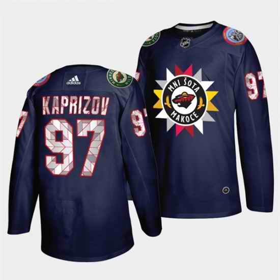 Men Minnesota Wild 97 Kirill Kaprizov 2021 #22 Navy Native American Heritage Day Stitched Jersey->san jose sharks->NHL Jersey