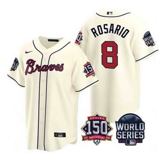 Men Atlanta Braves #8 Eddie Rosario 2021 Cream World Series With 150th Anniversary Patch Cool Base Stitched Jersey