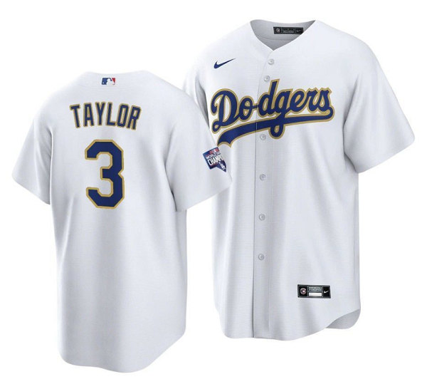Men's Los Angeles Dodgers #3 Chris Taylor White Gold Championship Cool Base Stitched Baseball Jersey->boston red sox->MLB Jersey