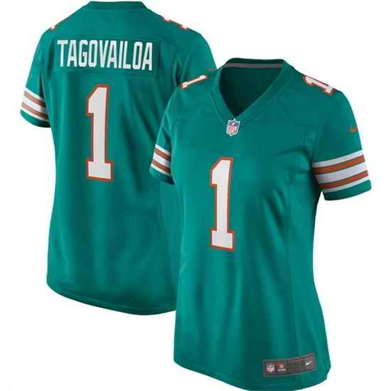 Women Miami Dolphins #1 Tua Tagovailoa Aqua Color Rush Stitched Jersey->women nfl jersey->Women Jersey