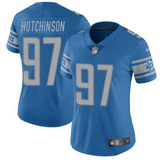 Women Detroit Lions #97 Aidan Hutchinson Blue Vapor Limited Stitched Football Jersey 28Run Smaller 2->women nfl jersey->Women Jersey