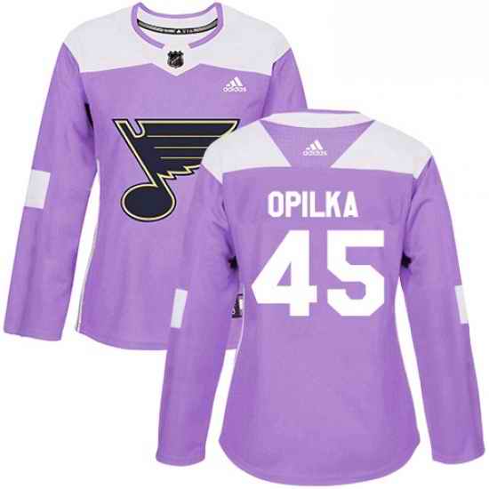 Womens Adidas St Louis Blues #45 Luke Opilka Authentic Purple Fights Cancer Practice NHL Jersey->women nhl jersey->Women Jersey