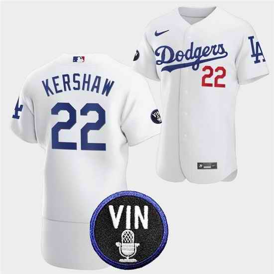 Men Los Angeles Dodgers #22 Clayton Kershaw 2022 White Vin Scully Patch Flex Base Stitched Baseball Jersey->los angeles dodgers->MLB Jersey