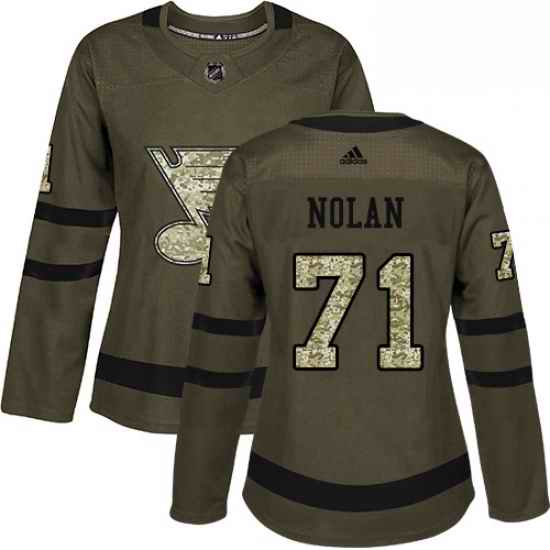 Womens Adidas St Louis Blues #71 Jordan Nolan Authentic Green Salute to Service NHL Jersey->women nhl jersey->Women Jersey