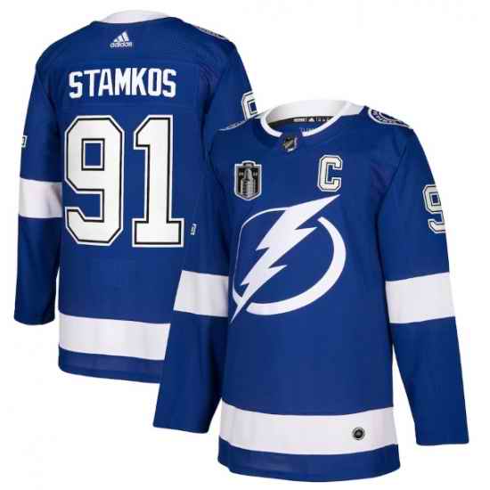 Men Tampa Bay Lightning #91 Steven Stamkos 2022 Blue Stanley Cup Final Patch Stitched Jersey->tampa bay lightning->NHL Jersey