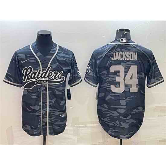 Men Las Vegas Raiders #34 Bo Jackson Grey Camo With Patch Cool Base Stitched Baseball Jersey->las vegas raiders->NFL Jersey