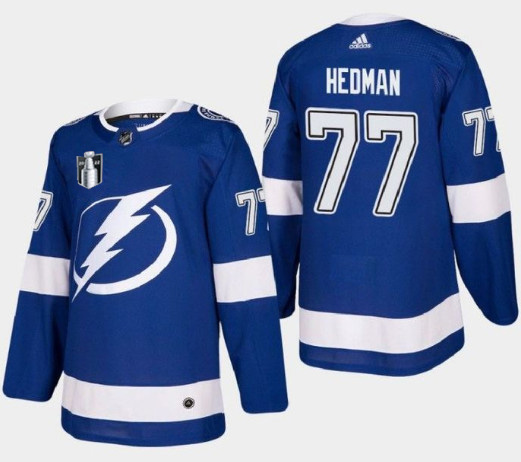 Men's Tampa Bay Lightning #77 Victor Hedman 2022 Blue Stanley Cup Final Patch Stitched Jersey->tampa bay lightning->NHL Jersey