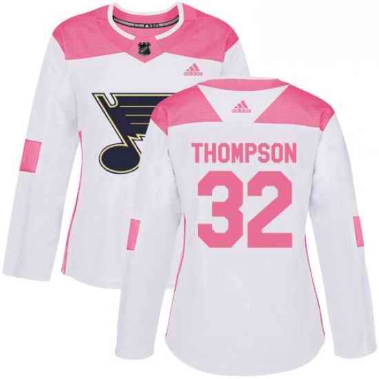 Womens Adidas St Louis Blues #32 Tage Thompson Authentic WhitePink Fashion NHL Jersey->women nhl jersey->Women Jersey