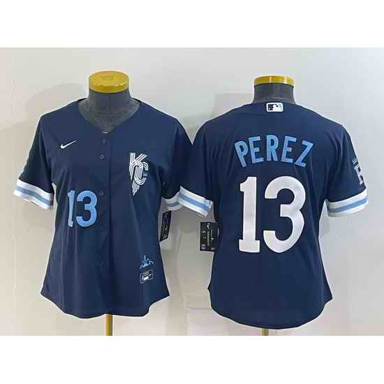 Women's Kansas City Royals #13 Salvador Perez Number 2022 Navy Blue City Connect Cool Base Stitched Jersey->women mlb jersey->Women Jersey