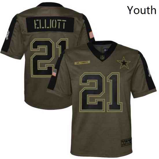 Youth Dallas Cowboys Ezekiel Elliott Nike Olive 2021 Salute To Service Game Jersey->youth nfl jersey->Youth Jersey