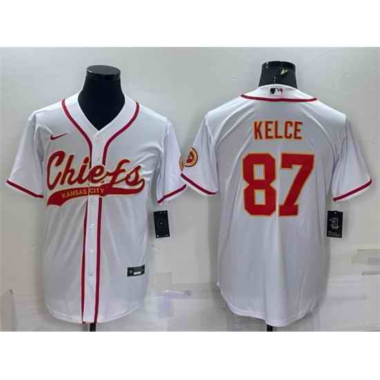 Men Kansas City Chiefs #87 Travis Kelce White With Patch Cool Base Stitched Baseball Jersey->los angeles chargers->NFL Jersey