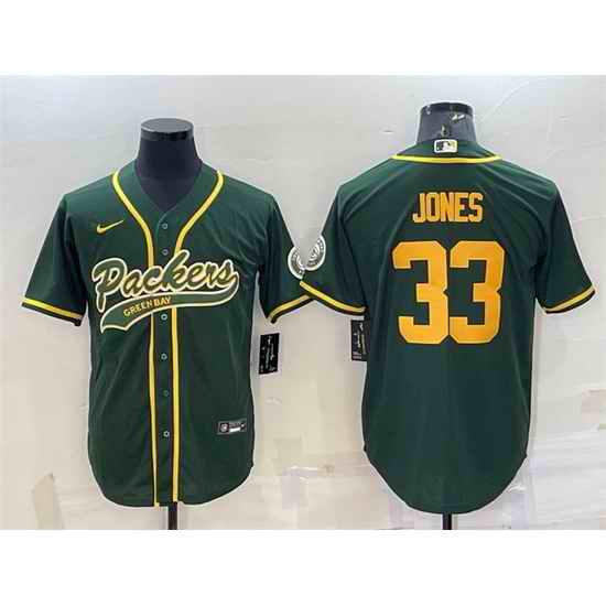 Men Green Bay Packers #33 Aaron Jones Green Gold With Patch Cool Base Stitched Baseball Jersey->green bay packers->NFL Jersey