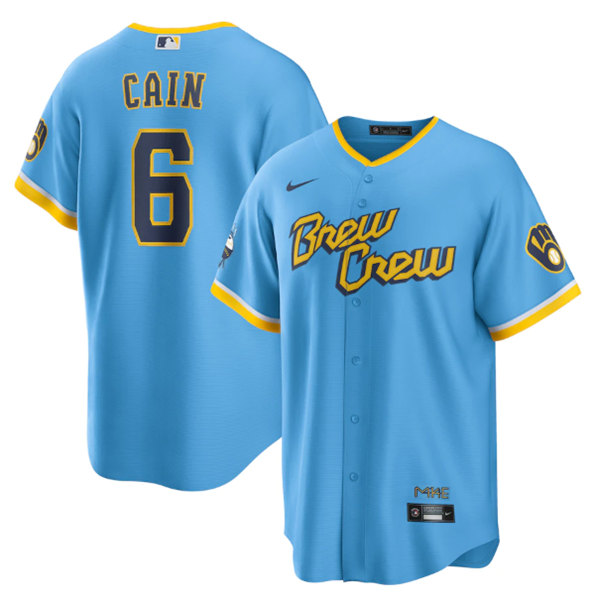 Men's Milwaukee Brewers #6 Lorenzo Cain Powder Blue 2022 City Connect Cool Base Stitched Jersey->milwaukee brewers->MLB Jersey