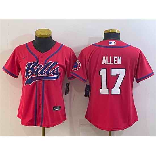 Women Buffalo Bills #17 Josh Allen Red With Patch Cool Base Stitched Baseball Jersey->women nfl jersey->Women Jersey