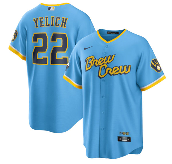 Men's Milwaukee Brewers #22 Christian Yelich Powder Blue 2022 City Connect Cool Base Stitched Jersey->milwaukee brewers->MLB Jersey