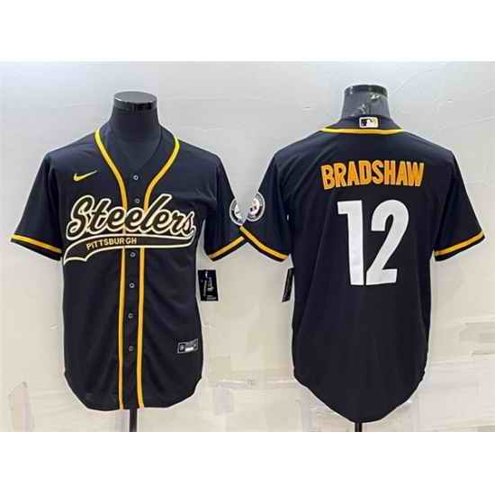 Men Pittsburgh Steelers #12 Terry Bradshaw Black With Patch Cool Base Stitched Baseball Jersey->pittsburgh steelers->NFL Jersey