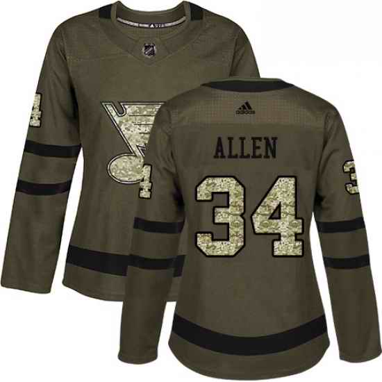 Womens Adidas St Louis Blues #34 Jake Allen Authentic Green Salute to Service NHL Jersey->women nhl jersey->Women Jersey