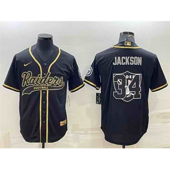 Men Las Vegas Raiders #34 Bo Jackson Black Gold Team Big Logo With Patch Cool Base Stitched Baseball Jersey->los angeles rams->NFL Jersey