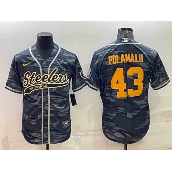 Men Pittsburgh Steelers #43 Troy Polamalu Grey Navy Camo With Patch Cool Base Stitched Baseball Jersey->pittsburgh steelers->NFL Jersey