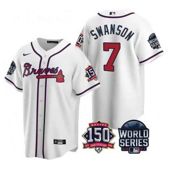 Men Atlanta Braves #7 Dansby Swanson 2021 White World Series With 150th Anniversary Patch Cool Base Stitched Jersey