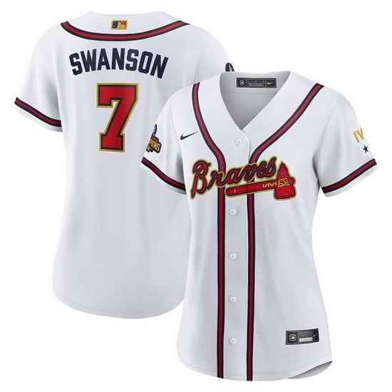 Women Atlanta Braves #7 Dansby Swanson 2022 White Gold World Series Champions Program Stitched Jersey->minnesota twins->MLB Jersey