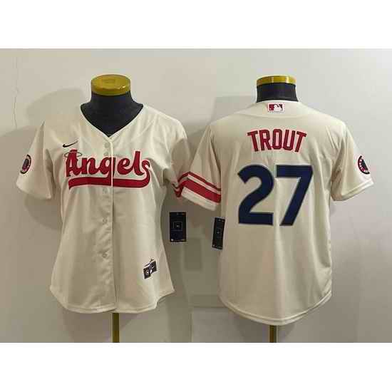 Women's Los Angeles Angels #27 Mike Trout Cream 2022 City Connect Cool Base Stitched Jersey->women mlb jersey->Women Jersey