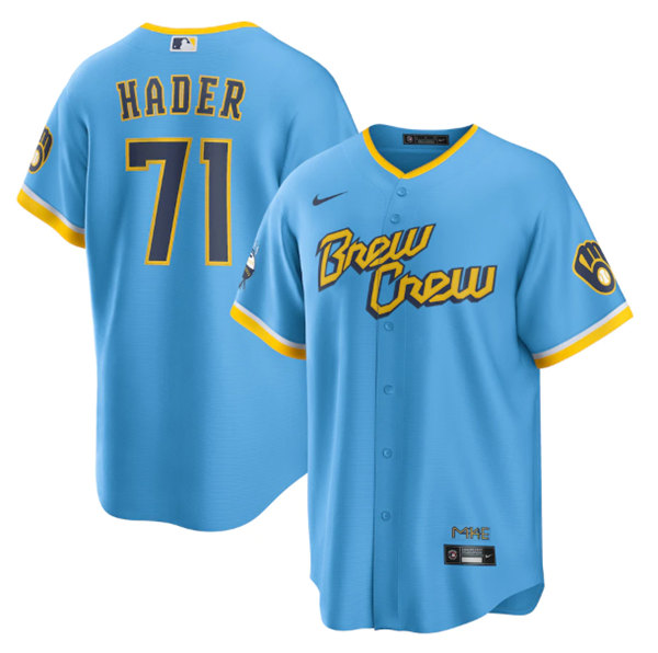 Men's Milwaukee Brewers #71 Josh Hader Powder Blue 2022 City Connect Cool Base Stitched Jersey->milwaukee brewers->MLB Jersey