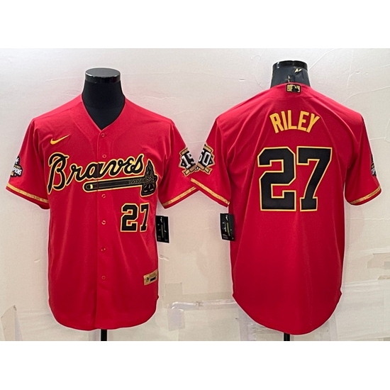 Men Atlanta Braves #27 Austin Riley Red Gold Cool Base Stitched Baseball Jersey->atlanta braves->MLB Jersey