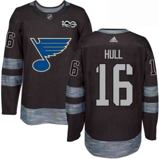 Mens Adidas St Louis Blues #16 Brett Hull Authentic Black 1917 2017 100th Anniversary NHL Jersey->st.louis blues->NHL Jersey