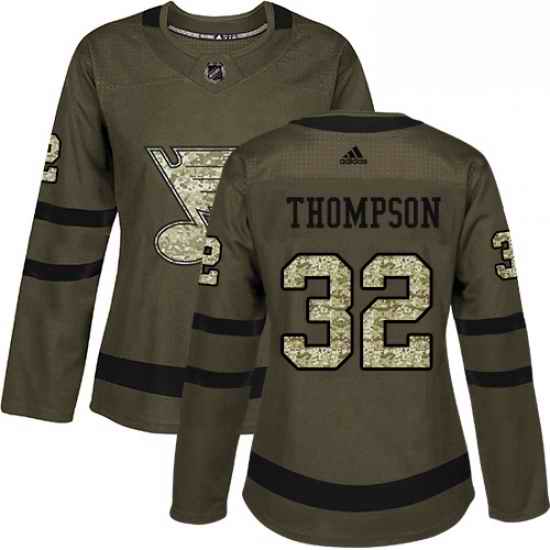 Womens Adidas St Louis Blues #32 Tage Thompson Authentic Green Salute to Service NHL Jersey->women nhl jersey->Women Jersey