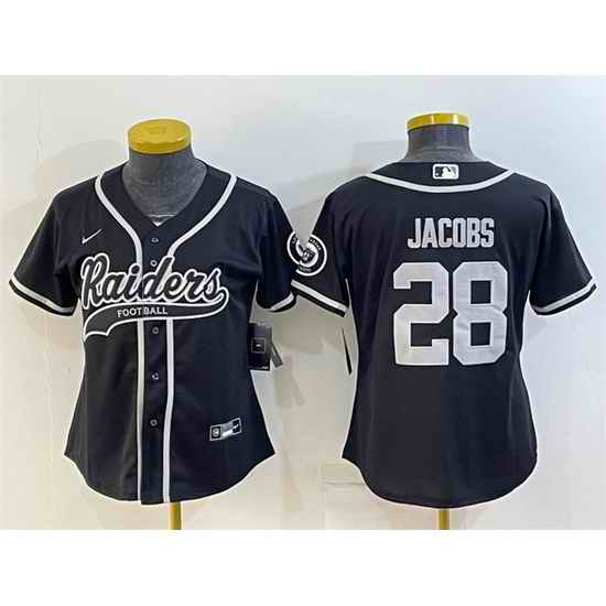 Women Las Vegas Raiders #28 Josh Jacobs Black With Patch Cool Base Stitched Baseball Jersey->women nfl jersey->Women Jersey