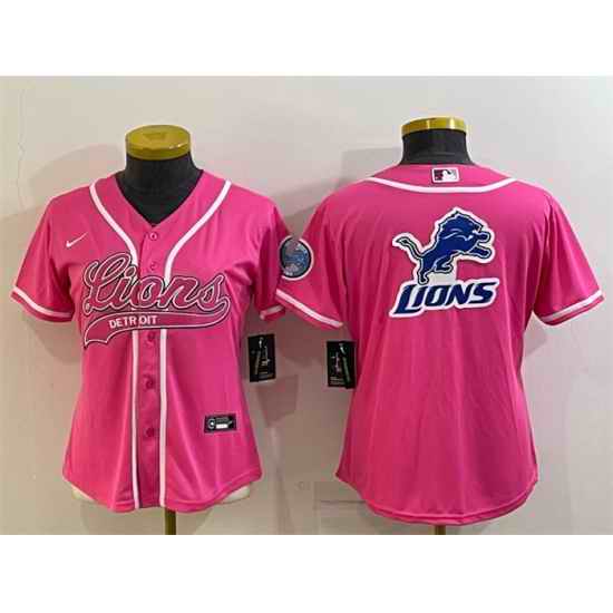 Women Detroit Lions Pink Team Big Logo With Patch Cool Base Stitched Baseball Jersey->women nfl jersey->Women Jersey