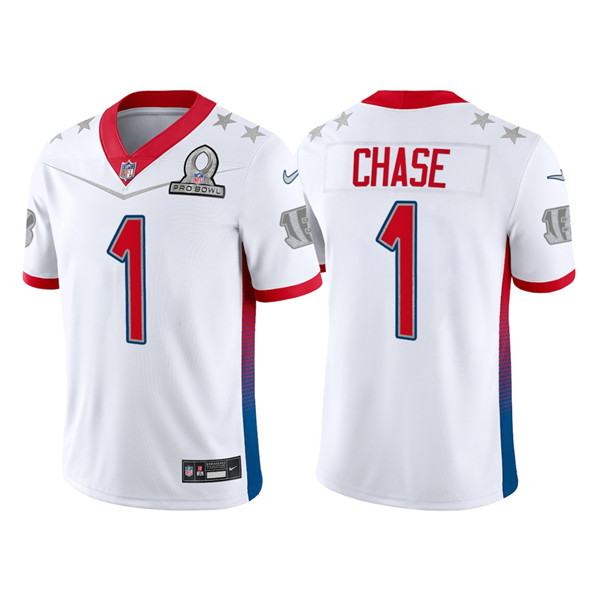 Men’s Cincinnati Bengals #1 Ja’Marr Chase 2022 White AFC Pro Bowl Stitched Jersey->2022 pro bowl->NFL Jersey