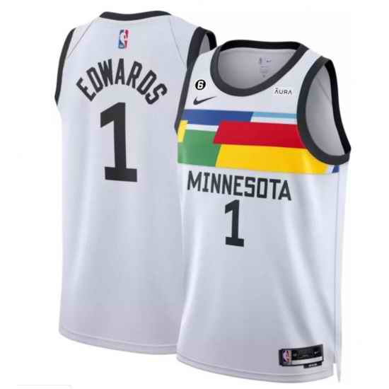 Men Minnesota Timberwolves #1 Anthony Edwards White 2022 23 City Edition With NO 6 Patch Stitched Jersey->minnesota timberwolves->NBA Jersey