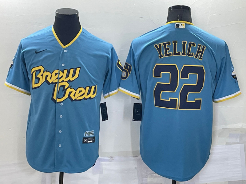 Brewers #22 Christian Yelich Blue Nike 2022 City Connect Cool Base Jerseys->milwaukee brewers->MLB Jersey