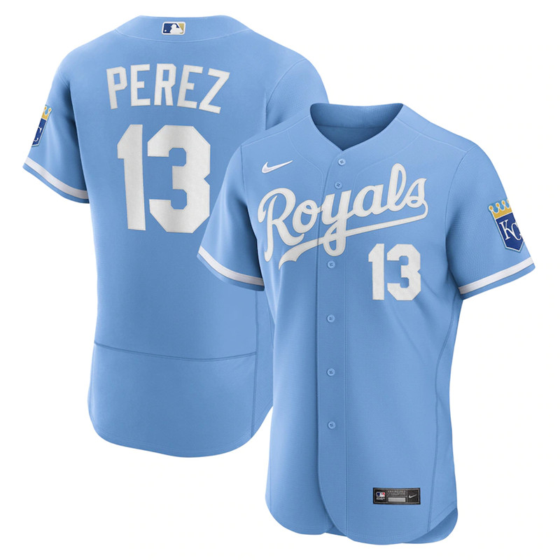 Royals #13 Salvador Perez Light Blue Nike 2022 Alternate Flexbase Jersey->kansas city royals->MLB Jersey