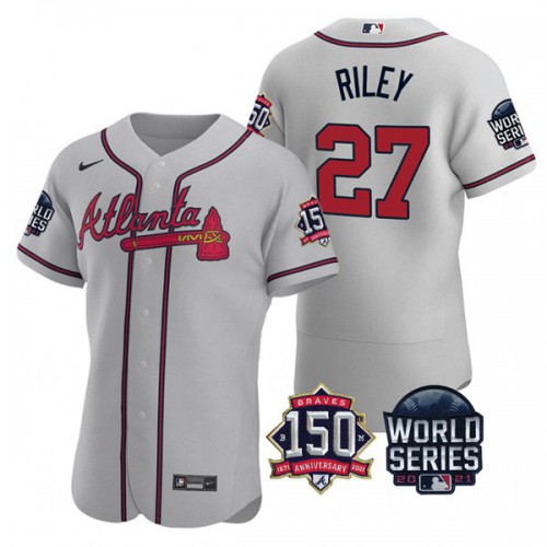 Atlanta Atlanta Braves #27 Austin Riley Men’s Nike 150th Anniversary 2021 World Series Authentic MLB Jersey – Grey Men’s->atlanta braves->MLB Jersey