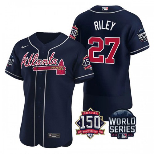 Atlanta Atlanta Braves #27 Austin Riley Men’s Nike 150th Anniversary 2021 World Series Authentic MLB Jersey – Navy Men’s->atlanta braves->MLB Jersey
