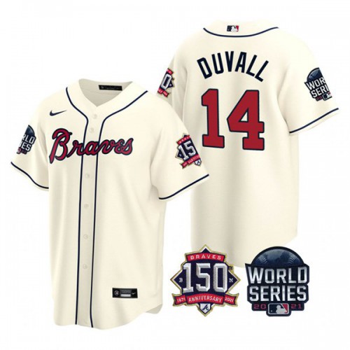 Atlanta Atlanta Braves #14 Adam Duvall Men’s Nike 150th Anniversary 2021 World Series Game MLB Jersey – Cream Men’s->atlanta braves->MLB Jersey