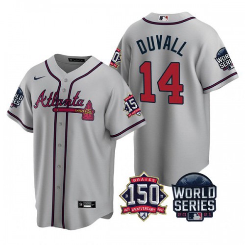 Atlanta Atlanta Braves #14 Adam Duvall Men’s Nike 150th Anniversary 2021 World Series Game MLB Jersey – Grey Men’s->atlanta braves->MLB Jersey