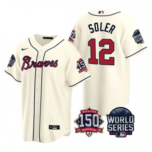 Atlanta Atlanta Braves #12 Jorge Soler Men’s Nike 150th Anniversary 2021 World Series Game MLB Jersey – Cream Men’s->atlanta braves->MLB Jersey