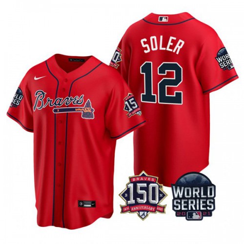 Atlanta Atlanta Braves #12 Jorge Soler Men’s Nike 150th Anniversary 2021 World Series Game MLB Jersey – Red Men’s->atlanta braves->MLB Jersey